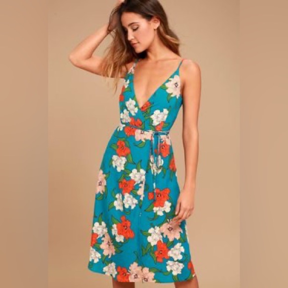 Country Club Teal Blue Floral Print Wrap Dress